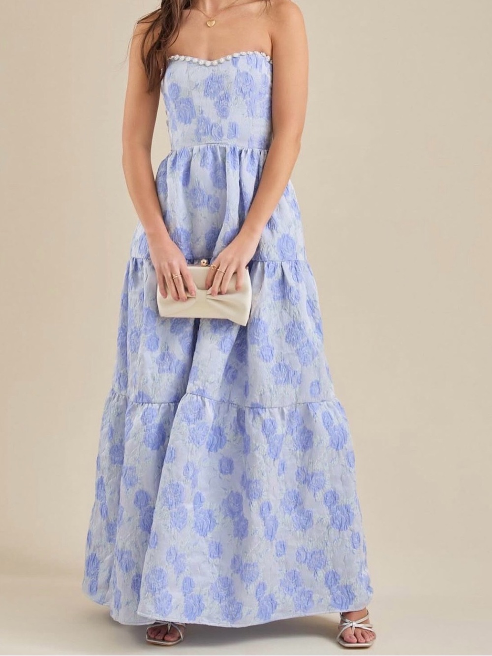 Altar'd State Strapless Light Blue Floral Jacquard Maxi Dress